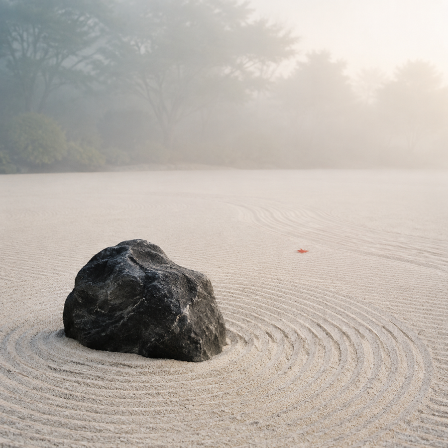 Jardin zen minimaliste, sable ratissé et pierre sombre dans la brume matinale