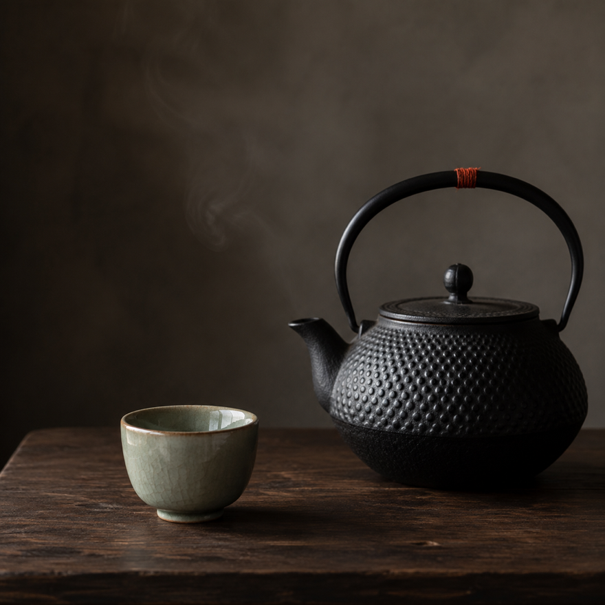 Théière en fonte et tasse céladon sur bois sombre, nature morte wabi-sabi